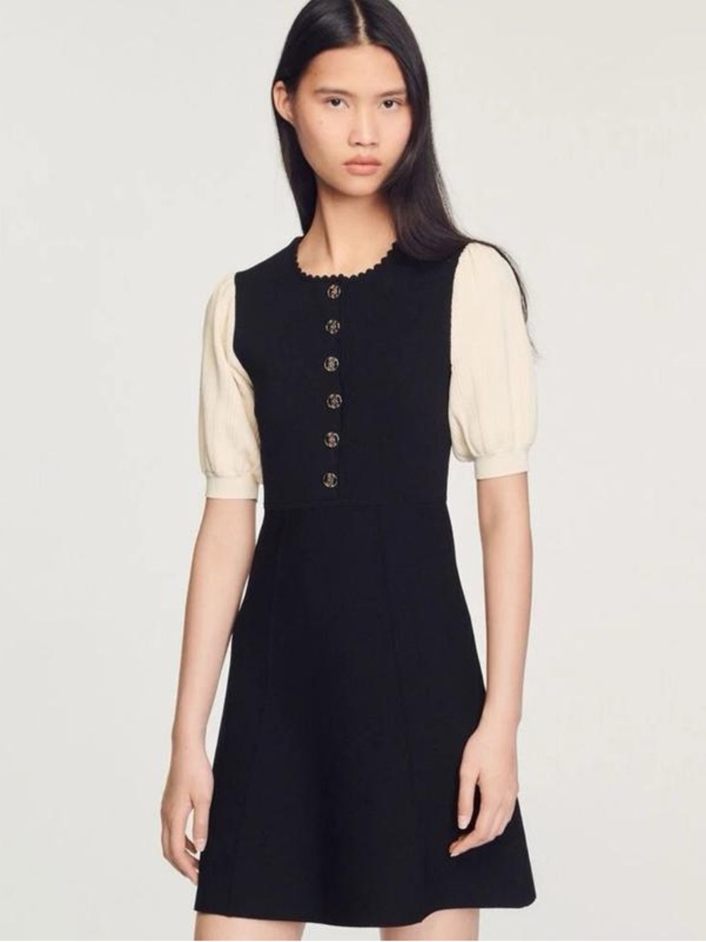 Sandro Black Dress with Cream Puff Sleeves